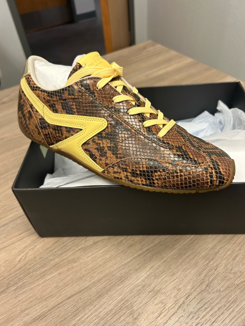 Women’s Rag & Bone Snake-Print Leather Sneaker with Yellow Accents